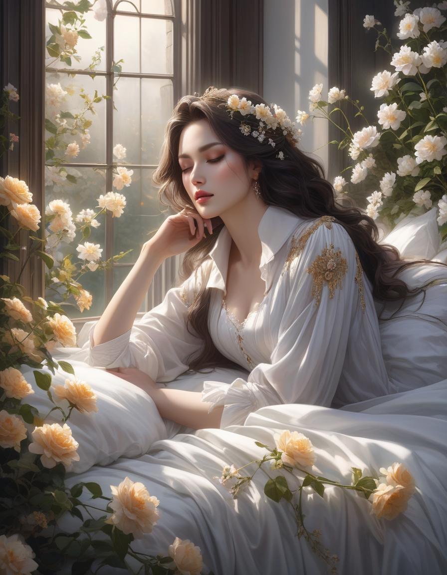  gothic style A woman is peacefully asleep amid white sheets and blooming flowers, with soft light streaming through a window. a woman laying on top of a bed next to a window, a photorealistic painting, inspired by Magali Villeneuve, trending on Artstation, fantasy art, girl in a bed of flowers, soft pale golden skin, portrait of a woman sleeping, in the early morning, jingna zhang . dark, mysterious, haunting, dramatic, ornate, detailed hyperrealistic, full body, detailed clothing, highly detailed, cinematic lighting, stunningly beautiful, intricate, sharp focus, f/1. 8, 85mm, (centered image composition), (professionally color graded), ((bright soft diffused light)), volumetric fog, trending on instagram, trending on tumblr, HDR 4K, 8K