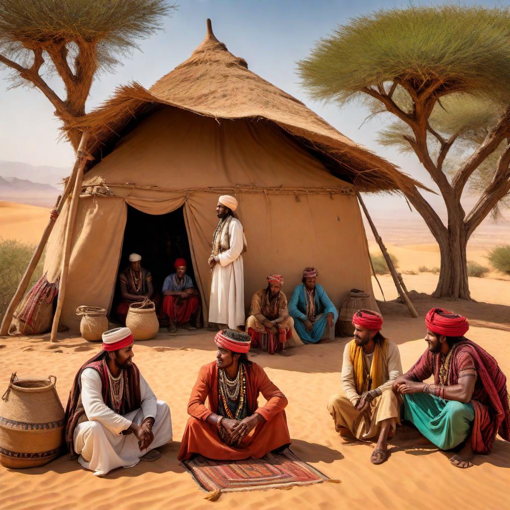  A detailed and vivid image of the Mauri tribes of North Africa. The scene should include traditional tribal members dressed in colorful garments and headpieces adorned with feathers and intricate patterns. The landscape features arid terrain with some rugged mountains in the background and sparse vegetation typical of the North African region. The tribespeople are seen engaging in various daily activities such as crafting, trading, and socializing. Traditional huts and tents are visible in the scene. Include one or two domesticated animals like camels or goats. The sky above is clear with a warm, golden hue reflecting the setting sun. hyperrealistic, full body, detailed clothing, highly detailed, cinematic lighting, stunningly beautiful, intricate, sharp focus, f/1. 8, 85mm, (centered image composition), (professionally color graded), ((bright soft diffused light)), volumetric fog, trending on instagram, trending on tumblr, HDR 4K, 8K