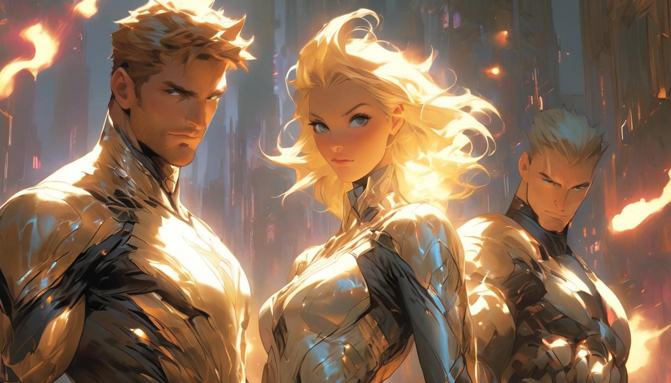  hyperrealism,fantasy aesthetic1woman1man, large busted attractive blonde arian female humanoid and handsome male humanoid, receiver and transmitter, radiant light, cosmic setting, high tech clothing clad in sleek, futuristic costume with metallic accents and form fitting designs, marvel superhero comics style, unreal engine rendering