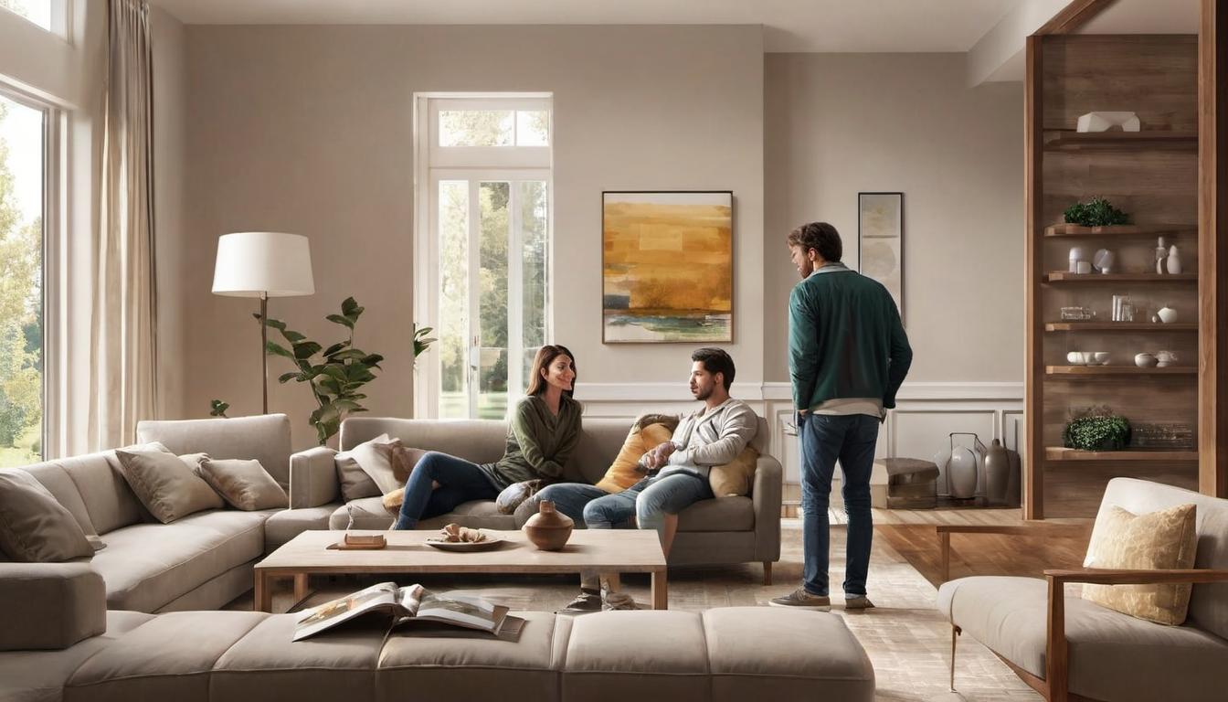  digital illustration, 1woman, 1man, woman observes man carefully, man with neutral expression, both in casual attire, setting is a cozy living room with soft lighting, thoughtful, reflective, real life textures, looking at viewer, dynamic pose, (intricate details, masterpiece, best quality)