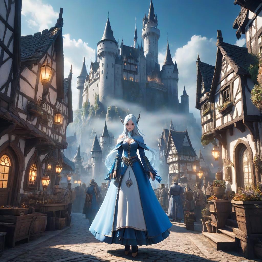  Magick town, fantasy town, magick white blue castle, crystal wizard tower , futer city, hyperrealistic, full body, detailed clothing, highly detailed, cinematic lighting, stunningly beautiful, intricate, sharp focus, f/1. 8, 85mm, (centered image composition), (professionally color graded), ((bright soft diffused light)), volumetric fog, trending on instagram, trending on tumblr, HDR 4K, 8K