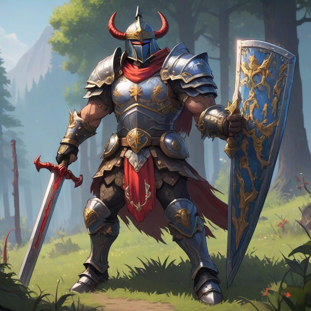  Certainly, here's a description of a warrior with elements from the game Terraria: "A majestic warrior stands before you, his muscular body clad in a massive armor, adorned with runes and symbols of ancient magic. His gaze is cautious, as if always ready for battle, feats of valor, and the protection of his allies. In his hands he carries a heavy sword, gleaming from metal and the blood of vanquished foes. On his back hangs a massive shield, adorned with the crest of his family and symbols of his victories. In every movement of this warrior, there is a sense of strength and determination, as if he were the embodiment of the military spirit and uncompromising defense. The ground shudders under his powerful strikes, as if nature itself is su hyperrealistic, full body, detailed clothing, highly detailed, cinematic lighting, stunningly beautiful, intricate, sharp focus, f/1. 8, 85mm, (centered image composition), (professionally color graded), ((bright soft diffused light)), volumetric fog, trending on instagram, trending on tumblr, HDR 4K, 8K