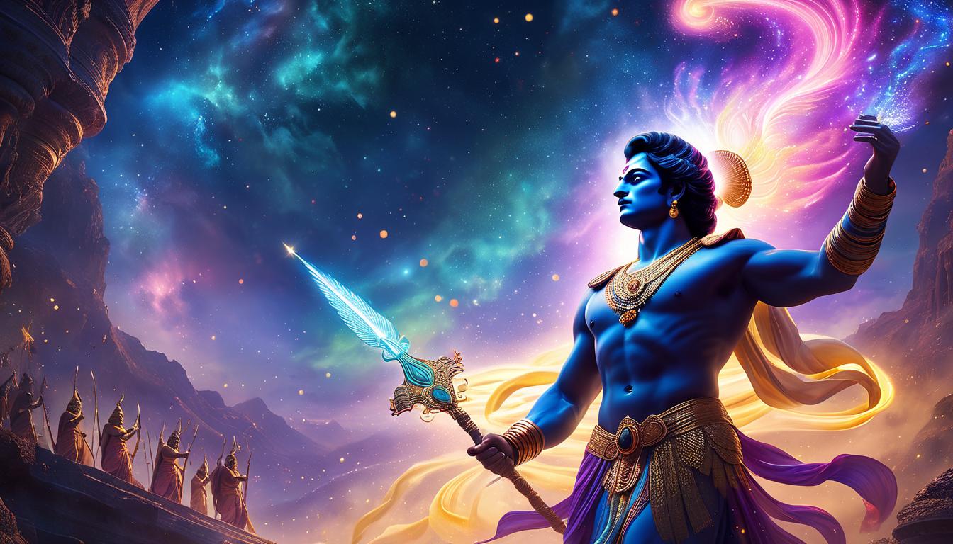  fluorescent dust, fluorescent spraypaint, fluorescent grain, fluorescent make up A depiction of the final scene of Arjuna with a resolute expression, bow in hand, ready to fight, signifying his acceptance of his duty. Krishna beside him, glowing with divine light, supporting his resolve. The scene is framed by ethereal beings and a backdrop of swirling energies, representing the necessity of detachment.dust, cinematic film, best quality, high resolution, realistic, 8k, dynamic angle, serene, extremely detailed, absurdres particle effect, wonderful night dreamlike glowing masterpiece, celestial, detailed, realistic, image concept art, phenomenal mesmerise, maximalist,