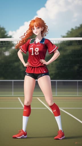  anime tall girl, wearing a volleyball outfit, light skin,long messy ginger hair,good figure, masterpieces, top quality, best quality, official art, beautiful and aesthetic, realistic, 4K, 8K
