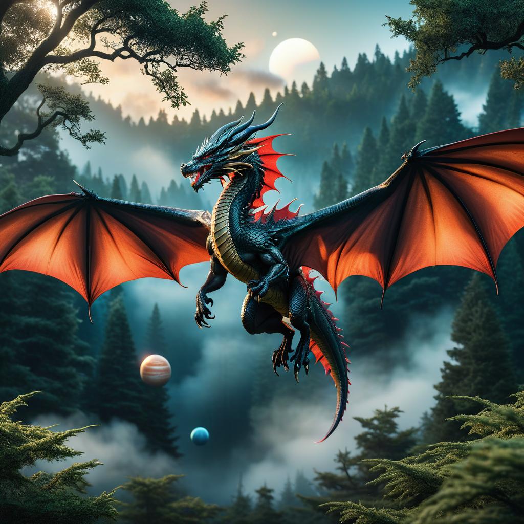  Draft for a tattoo of a flying dragon, below trees, and various planets in a realistic style at the backdrop. hyperrealistic, full body, detailed clothing, highly detailed, cinematic lighting, stunningly beautiful, intricate, sharp focus, f/1. 8, 85mm, (centered image composition), (professionally color graded), ((bright soft diffused light)), volumetric fog, trending on instagram, trending on tumblr, HDR 4K, 8K