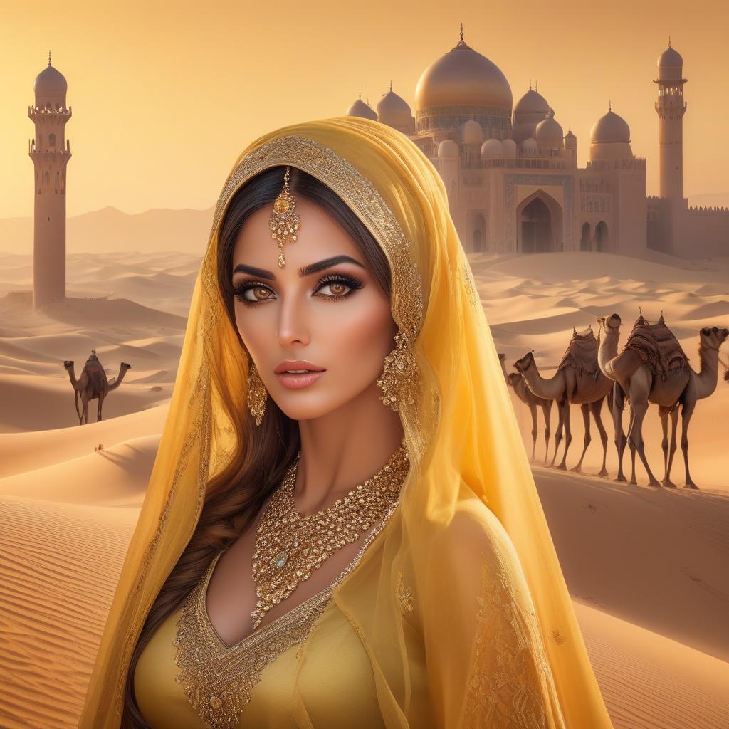  hyperrealistic art A woman with intricate jewelry and a colorful veil gazes intently, as a caravan of camels traverses a desert with a sunset behind. masterpiece.(Desert + dunes).(the main background is a yellow orange gradient).(The Sheikh's castle is in the background).(In the foreground on the right is a caravan of camels + Arabs).(In the foreground on the left is a beautiful Iranian woman with beautiful black eyes).(The Iranian woman is wearing beautiful clothes + expensive jewelry) (The Iranian woman has an openwork veil on her face, she holds it with her hand). (The most beautiful photo in the world.) . extremely high resolution details, photographic, realism pushed to extreme, fine texture, incredibly lifelike hyperrealistic, full body, detailed clothing, highly detailed, cinematic lighting, stunningly beautiful, intricate, sharp focus, f/1. 8, 85mm, (centered image composition), (professionally color graded), ((bright soft diffused light)), volumetric fog, trending on instagram, trending on tumblr, HDR 4K, 8K