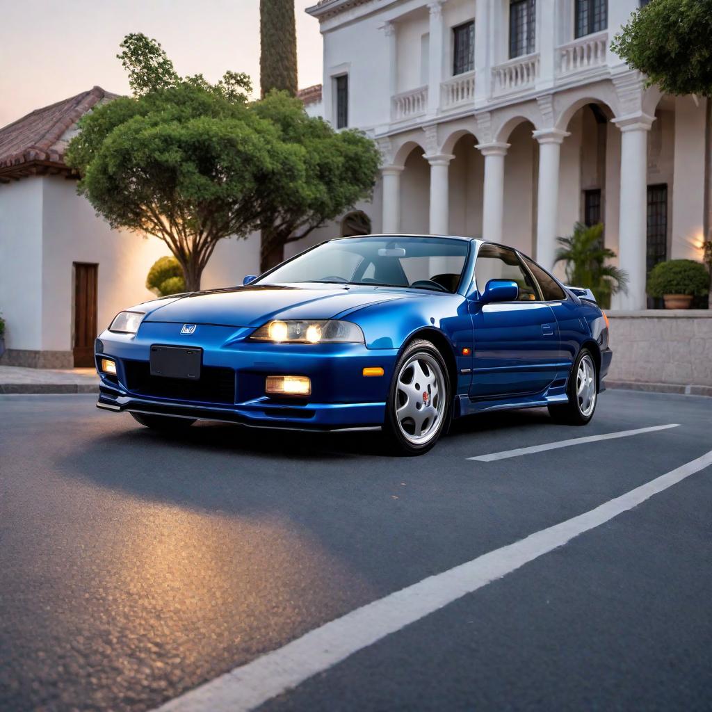  1996 Honda Prelude Si in blue color, parked on a road. The car should showcase its sporty design elements, including its sleek front grille, distinctive alloy wheels, and characteristic mid-90s coupe body lines. The background should be simple to keep the focus on the car. hyperrealistic, full body, detailed clothing, highly detailed, cinematic lighting, stunningly beautiful, intricate, sharp focus, f/1. 8, 85mm, (centered image composition), (professionally color graded), ((bright soft diffused light)), volumetric fog, trending on instagram, trending on tumblr, HDR 4K, 8K