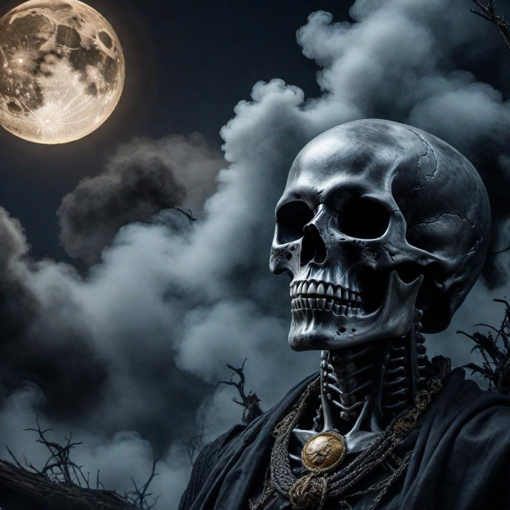  A dark, mysterious image featuring smoke skulls and the moon, creating an eerie and captivating atmosphere. The skulls are intertwined with wisps of smoke, with the moon casting a haunting glow in the background. The scene evokes a sense of mystery and fascination. hyperrealistic, full body, detailed clothing, highly detailed, cinematic lighting, stunningly beautiful, intricate, sharp focus, f/1. 8, 85mm, (centered image composition), (professionally color graded), ((bright soft diffused light)), volumetric fog, trending on instagram, trending on tumblr, HDR 4K, 8K