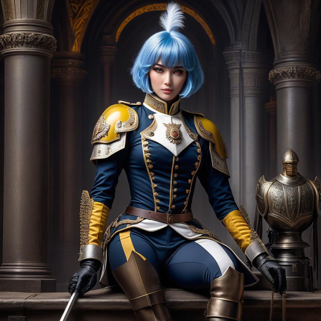  Girl, female cuirassier, ((full body)), blue hair, bob cut, bright yellow eyes, hourglass figure, fully clothed, military uniform, (19th century ceremonial uniform), cuirass, white clothes, white cloak, ((leggings )), riding pants, black boots, over the knee boots, thigh high boots, tight boots, cuirassier helmet, (Guard helmet of the King's Corp), belt, choker, epaulettes, awards, (epic pose), looking at viewer, looking down, evil grin, (extremely hyper detailed face), (masterpiece : 1.4), (perfect eyes: 1.1), (perfect hands), 2D, anime, extremely detailed clothes. hyperrealistic, full body, detailed clothing, highly detailed, cinematic lighting, stunningly beautiful, intricate, sharp focus, f/1. 8, 85mm, (centered image composition), (professionally color graded), ((bright soft diffused light)), volumetric fog, trending on instagram, trending on tumblr, HDR 4K, 8K