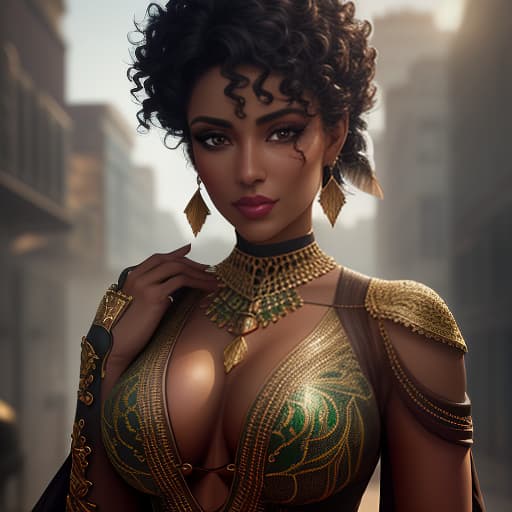  a woman with chocolate skin, short curly dark hair, Arab appearance, green eyes, cheerful, with feather earrings hyperrealistic, full body, detailed clothing, highly detailed, cinematic lighting, stunningly beautiful, intricate, sharp focus, f/1. 8, 85mm, (centered image composition), (professionally color graded), ((bright soft diffused light)), volumetric fog, trending on instagram, trending on tumblr, HDR 4K, 8K