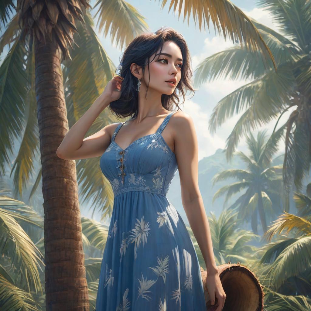  a woman stands tall in a blue sundress, leans against a palm tree and drinks from coconut hyperrealistic, full body, detailed clothing, highly detailed, cinematic lighting, stunningly beautiful, intricate, sharp focus, f/1. 8, 85mm, (centered image composition), (professionally color graded), ((bright soft diffused light)), volumetric fog, trending on instagram, trending on tumblr, HDR 4K, 8K