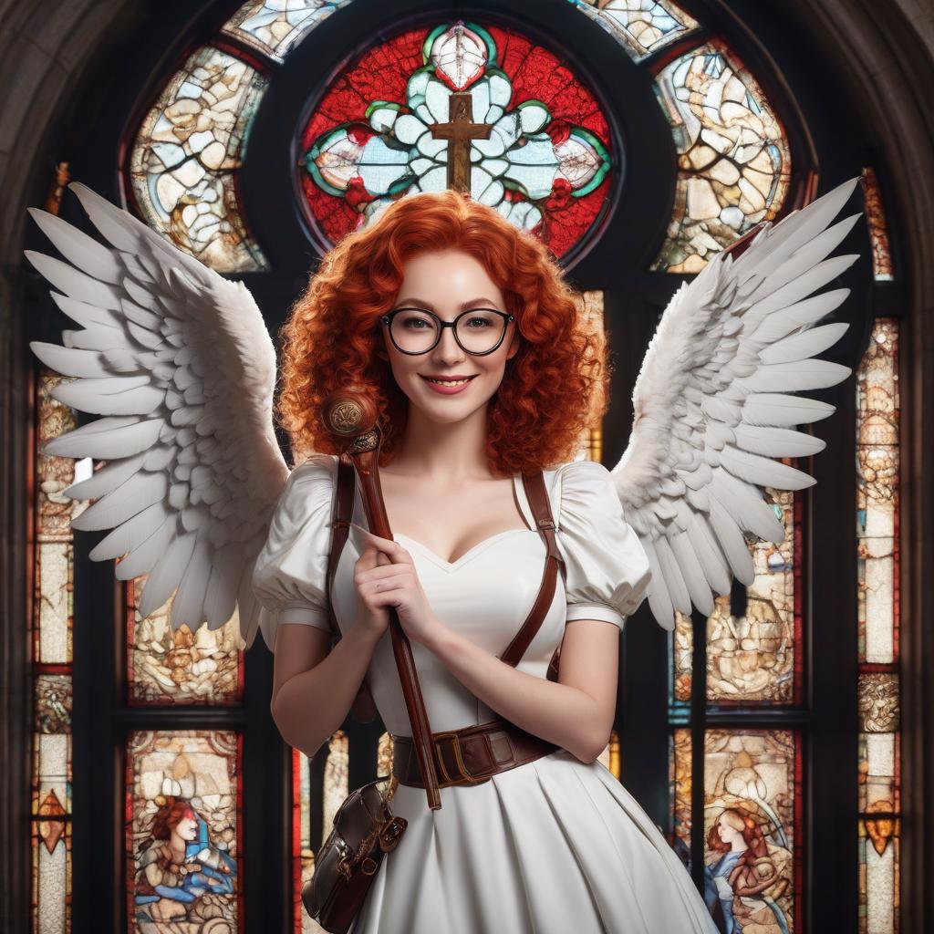  Portrait from waist up, a girl with wings, low height, red curly hair, large round glasses, snow white folded angel wings, naive expression on face, round face, big smile, holding a staff with a cross shaped knob, leather bag over shoulder, white and black loose dress, inside a building, behind a stained glass window with a fantasy theme, fantasy art. hyperrealistic, full body, detailed clothing, highly detailed, cinematic lighting, stunningly beautiful, intricate, sharp focus, f/1. 8, 85mm, (centered image composition), (professionally color graded), ((bright soft diffused light)), volumetric fog, trending on instagram, trending on tumblr, HDR 4K, 8K