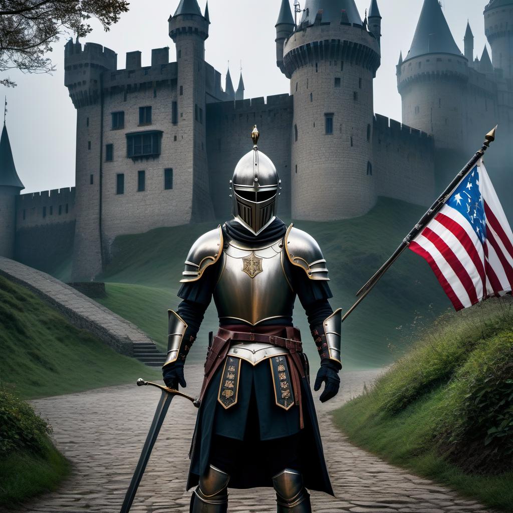  gothic style In the background, a sinister Gothic castle stands on a hill. On the shields and flags of the castle, Adidas logos, walls with Adidas logos, in the foreground stands a person a medieval knight in iron armor, on which Adidas stripes are depicted. . dark, mysterious, haunting, dramatic, ornate, detailed hyperrealistic, full body, detailed clothing, highly detailed, cinematic lighting, stunningly beautiful, intricate, sharp focus, f/1. 8, 85mm, (centered image composition), (professionally color graded), ((bright soft diffused light)), volumetric fog, trending on instagram, trending on tumblr, HDR 4K, 8K