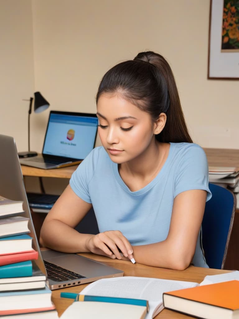  A person sitting at a desk with books and a laptop. The person is dressed in casual attire, wearing a plain t shirt and jeans. They look focused and engaged in their studies.