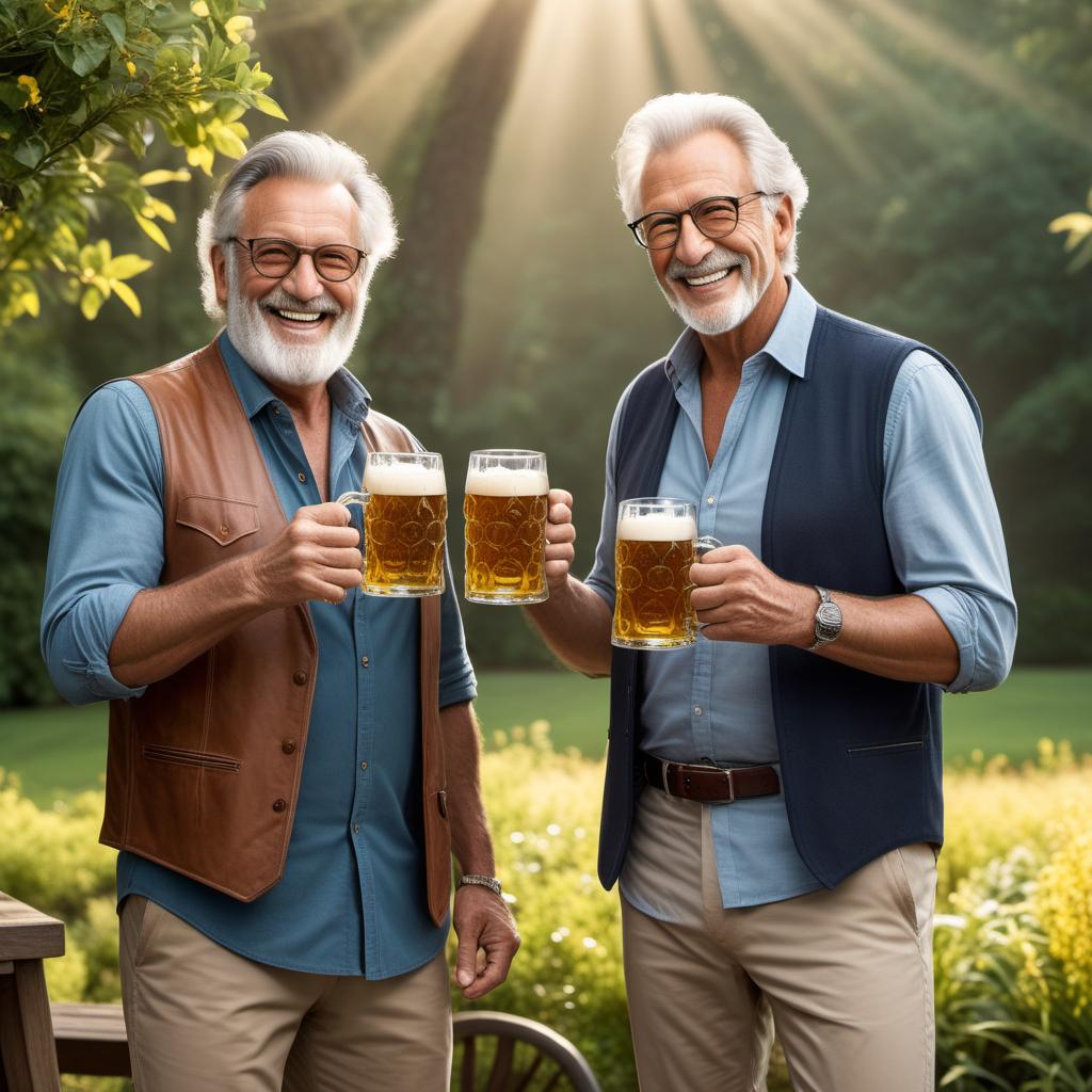  An illustration of two older men toasting with beer mugs, happily saying 'Happy Father's Day' to each other. They should be outside on a sunny day, perhaps in a backyard or garden setting, with warm smiles and a cheerful atmosphere. The text 'Happy Father's Day' should be visibly included in the image. hyperrealistic, full body, detailed clothing, highly detailed, cinematic lighting, stunningly beautiful, intricate, sharp focus, f/1. 8, 85mm, (centered image composition), (professionally color graded), ((bright soft diffused light)), volumetric fog, trending on instagram, trending on tumblr, HDR 4K, 8K