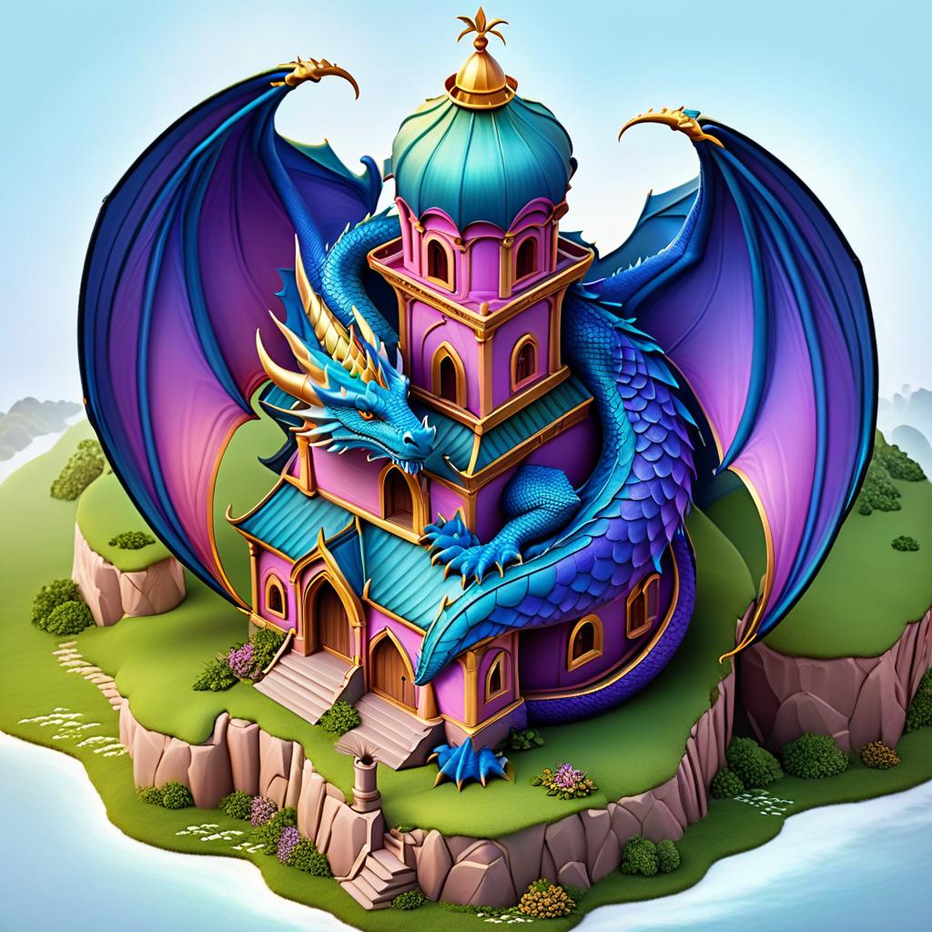  ethereal fantasy concept art of (Background): Blue sky. In the sky there is a green island. A castle with a scaly roof rises in the centre of the island. A large dragon is curled around the castle. He is its caring guardian. Foreground. (Dragon):Appearance: a peacefully slumbering dragon, hugging the castle with its wings. (Colour of scales and wings):blue, smoothly passing to pink violet wings with golden scales on the end. . magnificent, celestial, ethereal, painterly, epic, majestic, magical, fantasy art, cover art, dreamy hyperrealistic, full body, detailed clothing, highly detailed, cinematic lighting, stunningly beautiful, intricate, sharp focus, f/1. 8, 85mm, (centered image composition), (professionally color graded), ((bright soft diffused light)), volumetric fog, trending on instagram, trending on tumblr, HDR 4K, 8K