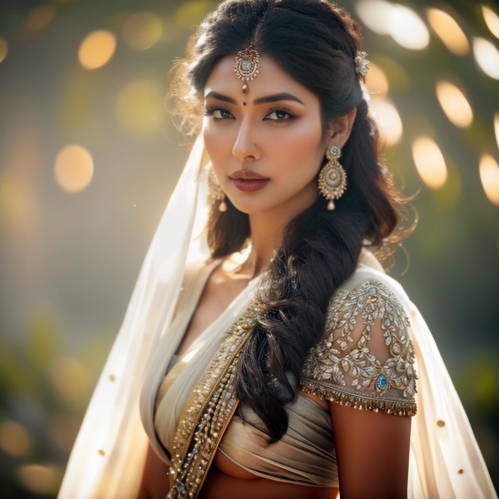  indian saree woman portrait, clean face, hd , long hair hyperrealistic, full body, detailed clothing, highly detailed, cinematic lighting, stunningly beautiful, intricate, sharp focus, f/1. 8, 85mm, (centered image composition), (professionally color graded), ((bright soft diffused light)), volumetric fog, trending on instagram, trending on tumblr, HDR 4K, 8K
