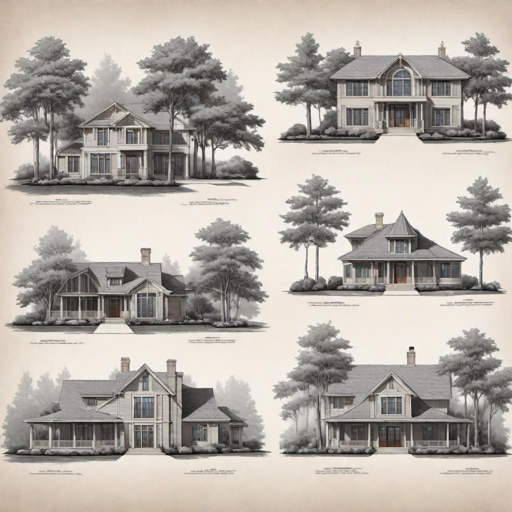  A collection of 10 different house blueprints and pictures. The blueprints should detail the layout of rooms, dimensions, and structural elements. The pictures should provide exterior views, highlighting unique architectural features for each house. The styles should include modern, traditional, contemporary, minimalist, and colonial with features like large windows, sleek roofs, and landscaped surroundings. hyperrealistic, full body, detailed clothing, highly detailed, cinematic lighting, stunningly beautiful, intricate, sharp focus, f/1. 8, 85mm, (centered image composition), (professionally color graded), ((bright soft diffused light)), volumetric fog, trending on instagram, trending on tumblr, HDR 4K, 8K