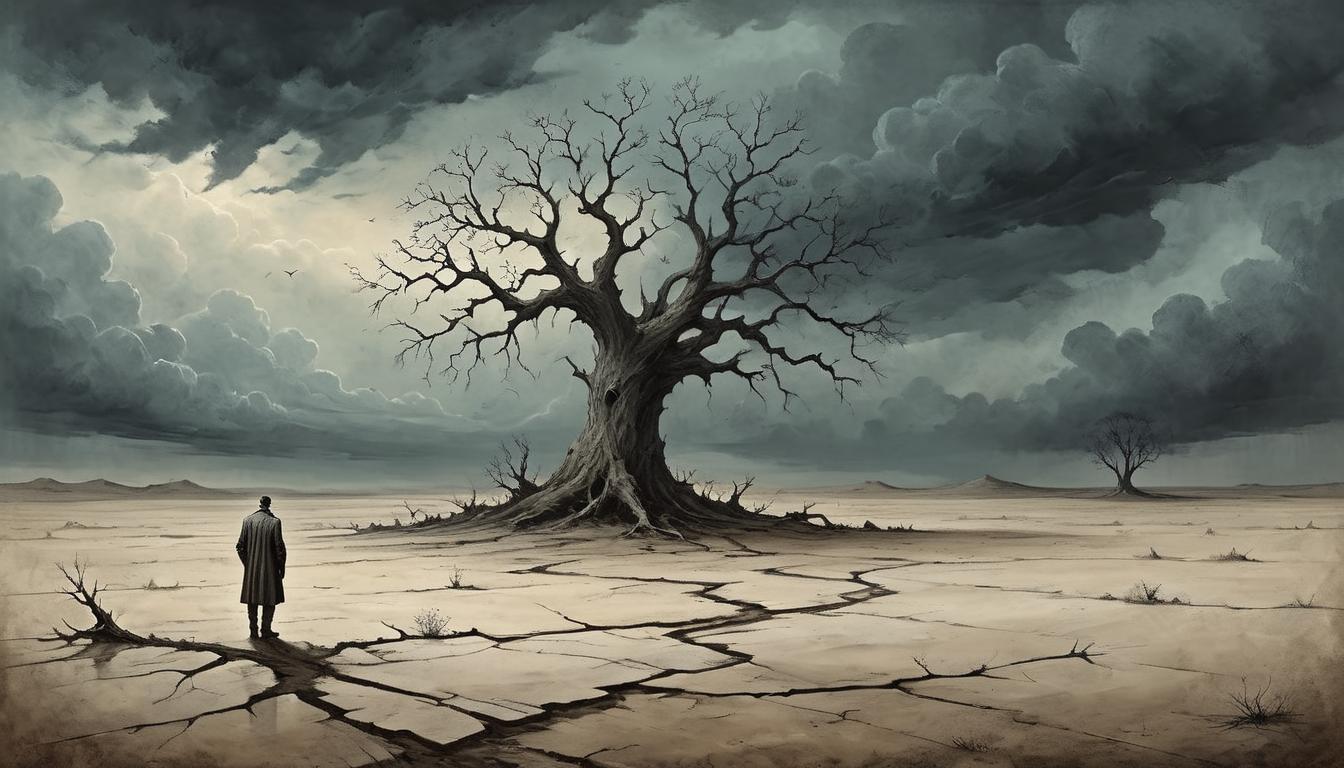  on parchment, surrealism+++, A figure standing in a desolate landscape, ground cracked and barren, a distant solitary tree under a stormy sky, disconnection, loneliness, eerie(mysterious, provocative, symbolic,muted color)+++