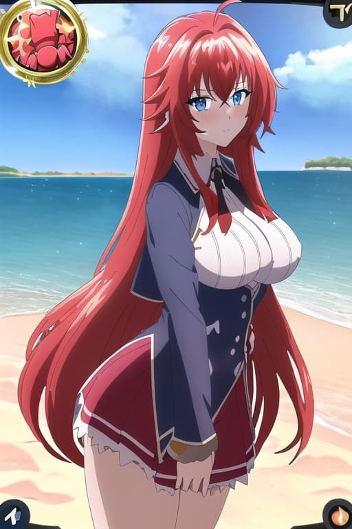  ,on the beach,sunny beautiful day,age,cameltoe,long hair,,realistic,anime style.,masterpiece, best quality, 1women, long red hair, looking at viewer, :3, cute, black uniform, outdoors, streets, cowboy shot, curvy, (((blue eyes))), rias gremory, red hair, antenna hair, wavy hair, ((beautiful detailed eyes, beautiful detailed glow, lots of glow)), anime screencap