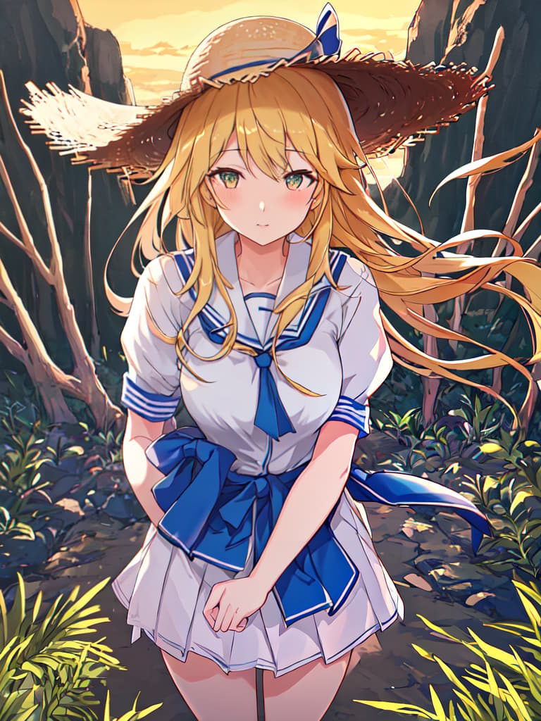  (score 9), score 8 up, highres, 1girl, anime, school uniform, straw hat, desert hyperrealistic, full body, detailed clothing, highly detailed, cinematic lighting, stunningly beautiful, intricate, sharp focus, f/1. 8, 85mm, (centered image composition), (professionally color graded), ((bright soft diffused light)), volumetric fog, trending on instagram, trending on tumblr, HDR 4K, 8K