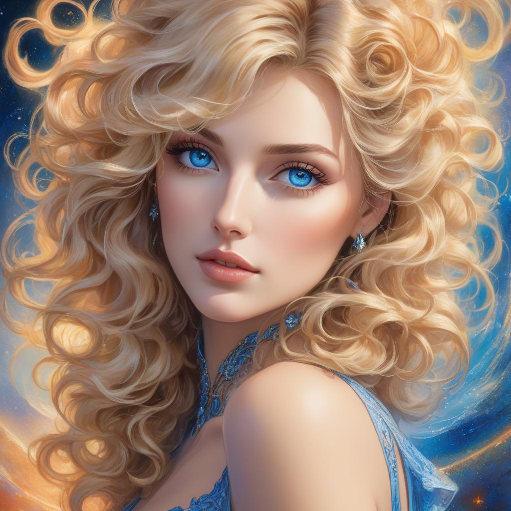  abstract expressionist painting A digital portrait of a woman with curly blond hair, blue eyes, and a celestial background. Create a vintage Aquarell im Stil von Josephine Wall, Tomasz Allen Kopera, Dariusz Zawadzki, Andreja Peklar, Ivan Shiskine ,a fantasy style portrait of a young woman with long, wavy ash blond hair, featuring subtle brown highlights. Her complexion is fair with a warm undertone. She has large, round, hazel eyes with visible eyelashes and well groomed, arched eyebrows. Her lips are full with a slight peach tint, accompanying a small, straight nose and a softly contoured face with prominent cheekbones, gently flushed cheeks, and a delicate chin. Modifiers: . energetic brushwork, bold colors, abstract forms, expressive, em hyperrealistic, full body, detailed clothing, highly detailed, cinematic lighting, stunningly beautiful, intricate, sharp focus, f/1. 8, 85mm, (centered image composition), (professionally color graded), ((bright soft diffused light)), volumetric fog, trending on instagram, trending on tumblr, HDR 4K, 8K