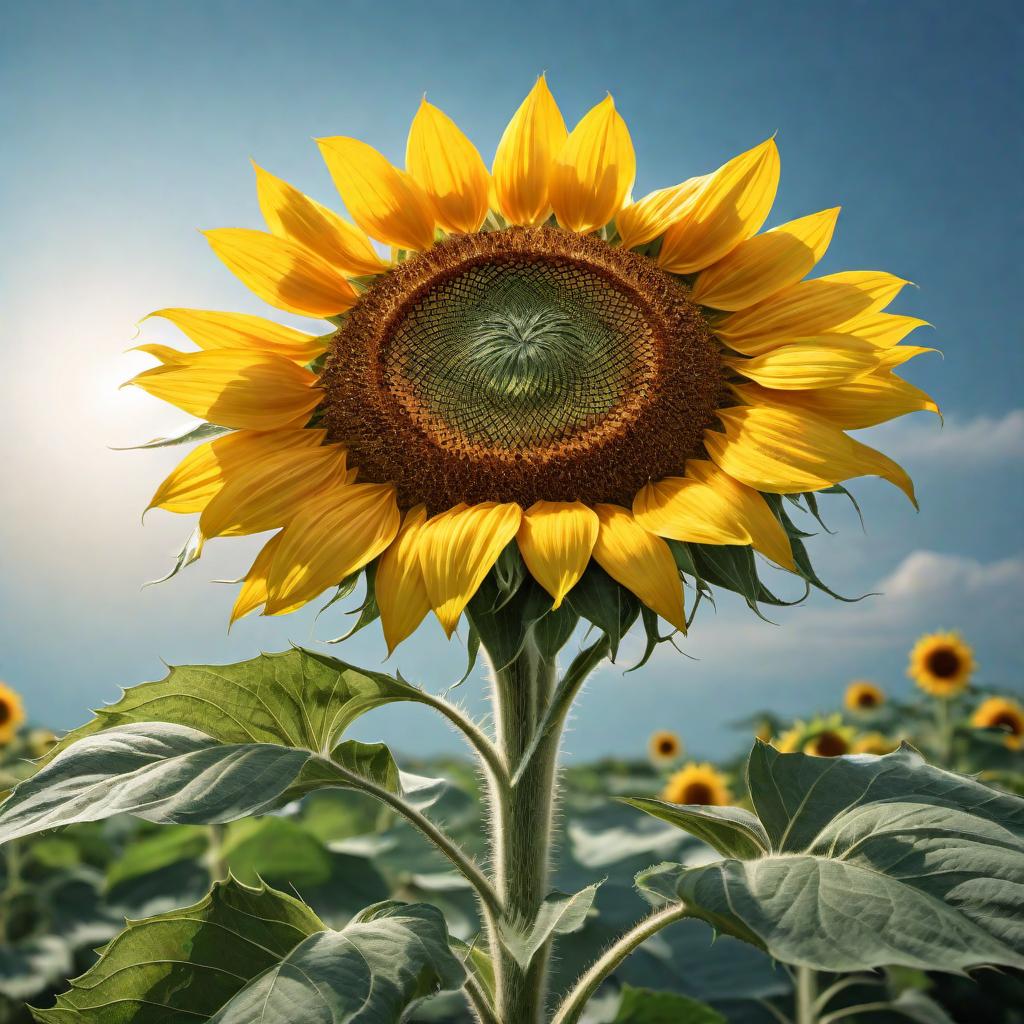  A beautiful and vibrant sunflower artwork inspired by Berlinda Gomez. The sunflower should be in full bloom with vivid yellow petals, a rich brown center, and green leaves. The background could be a clear blue sky or a warm gradient that highlights the flower's colors. The overall feel should be artistic and lively, capturing the essence of a sunflower on a sunny day. hyperrealistic, full body, detailed clothing, highly detailed, cinematic lighting, stunningly beautiful, intricate, sharp focus, f/1. 8, 85mm, (centered image composition), (professionally color graded), ((bright soft diffused light)), volumetric fog, trending on instagram, trending on tumblr, HDR 4K, 8K