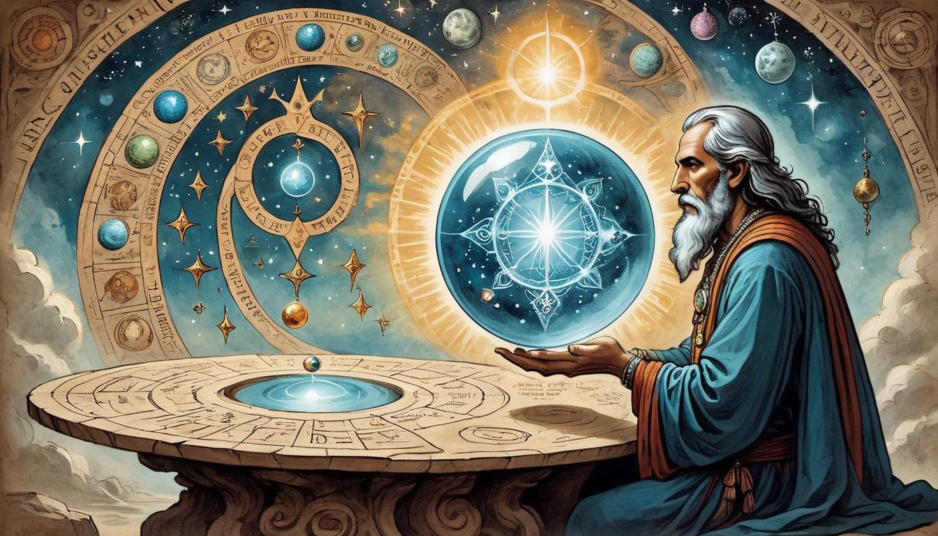  on parchment, surrealism+++, A mystical seer gazing into a crystal orb, orb brimming with swirling galaxies and cosmic patterns, seer in elaborate, ancient attire, surrounded by arcane symbols, discovery, potential, enlightenment(mysterious, provocative, symbolic,muted color)+++