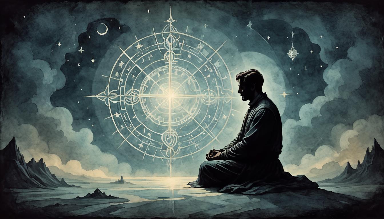  on parchment, surrealism+++, A silhouetted figure sitting cross legged, surrounded by faint glowing geometric patterns, dark background, mysterious, focused, ethereal ambiance(mysterious, provocative, symbolic,muted color)+++