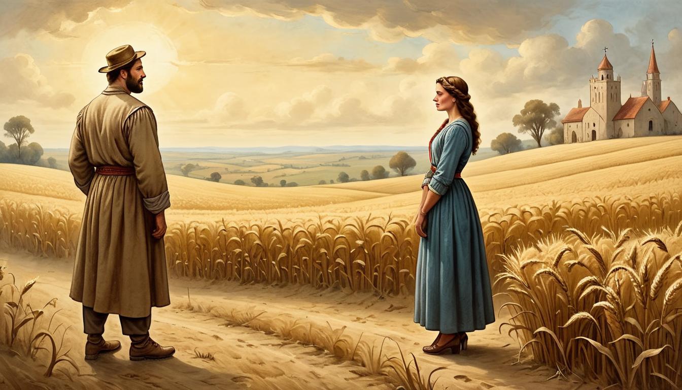  on parchment, surrealism+++, Boaz, in traditional clothing, watching Ruth from a distance in the fields, Boaz's pose respectful and admiring, golden field backdrop, Ruth working with determination, sense of burgeoning affection and respect(mysterious, provocative, symbolic,muted color)+++