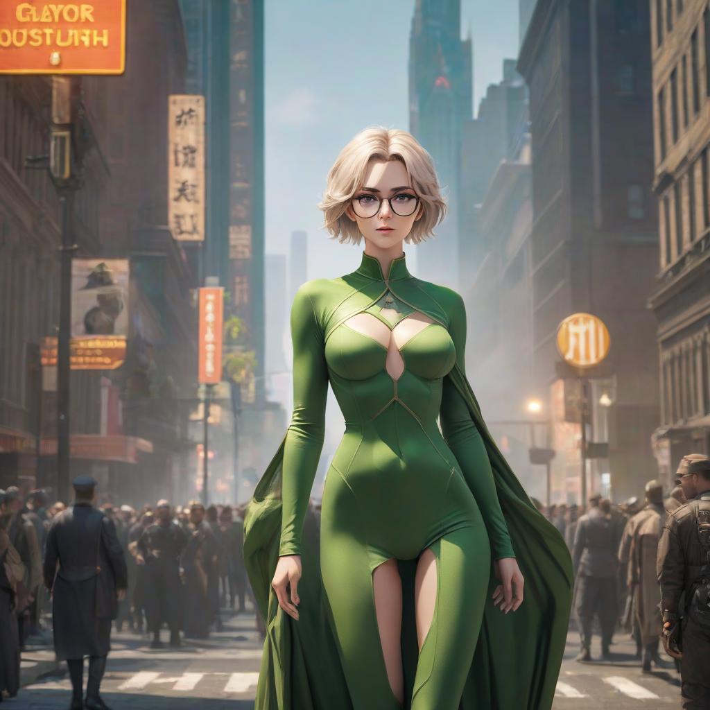  The goddess of justice and order and rigor. Strict tall woman. Short light hair, green eyes, glasses. Skinny body. hyperrealistic, full body, detailed clothing, highly detailed, cinematic lighting, stunningly beautiful, intricate, sharp focus, f/1. 8, 85mm, (centered image composition), (professionally color graded), ((bright soft diffused light)), volumetric fog, trending on instagram, trending on tumblr, HDR 4K, 8K