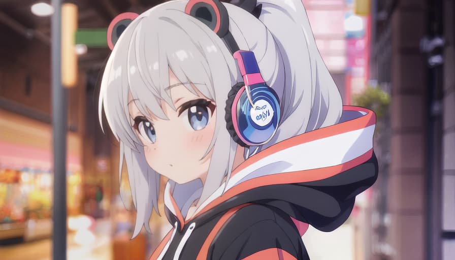  master piece , best quality,Bukabuka Hoodie Bear Ears Girl Headphones Silver Hair Ponytail