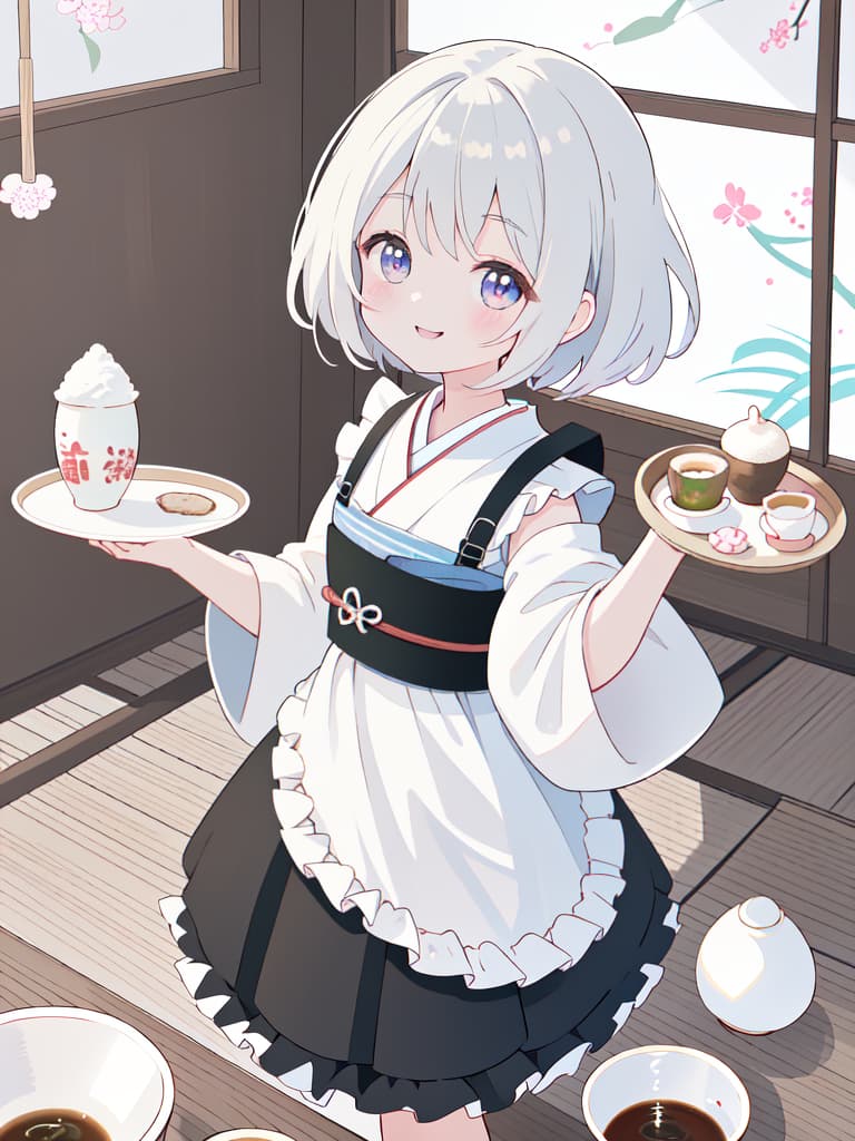  Japanese Painting Style, FRILL APRON, BARE SHOULDER, CARRY A TRAY, HAPPY SMILE, Japanese Cafe, Best Quality: 1.4, ULTRA DETALED EXTURE, Raw PhotOREALISTIC, Absurd Resolution, 8k Illustration, 💩, 💩, 💩, 💩, 💩, 💩,, masterpiece, best quality,8k,ultra detailed,high resolution,an extremely delicate and beautiful,hyper detail