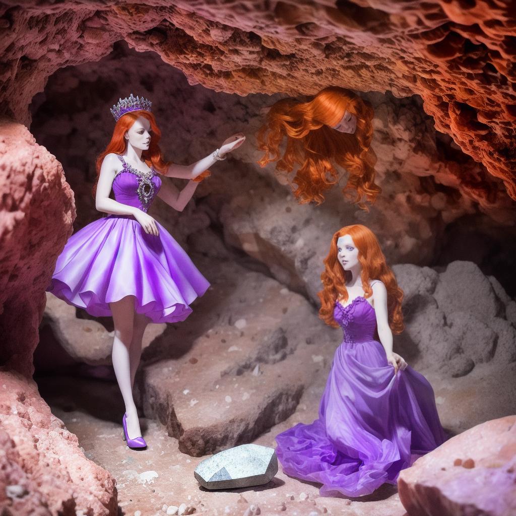  A royal princess with red hair and a purple dress found a crystal stone in a cave