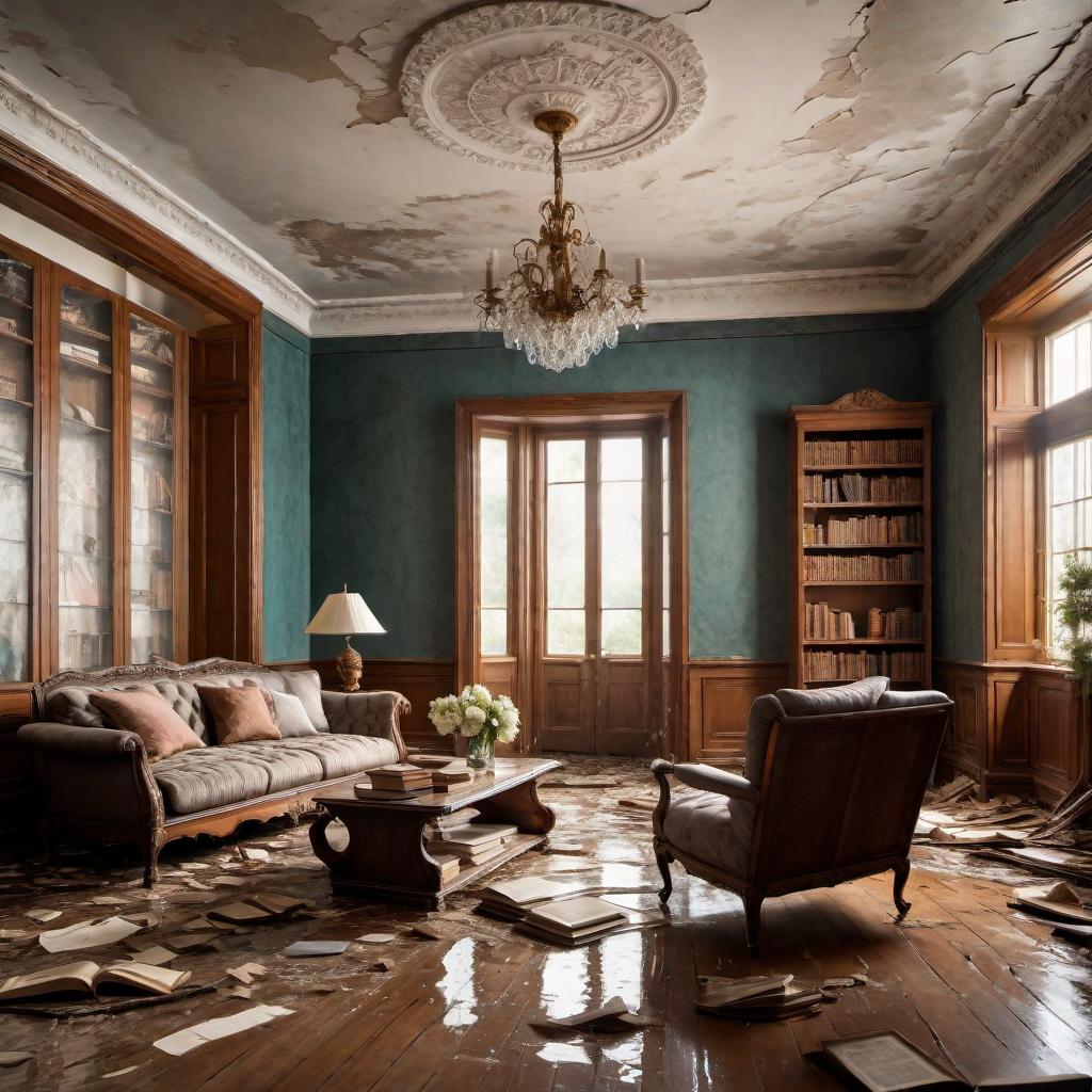  Flood-damaged furniture in a living room. The room has water up to knee height, with a sofa, armchair, wooden table, and bookshelves partially submerged. The wooden furniture is warped and discolored, with books and papers floating around. The wallpaper is peeling off, and there's visible mold on the walls. hyperrealistic, full body, detailed clothing, highly detailed, cinematic lighting, stunningly beautiful, intricate, sharp focus, f/1. 8, 85mm, (centered image composition), (professionally color graded), ((bright soft diffused light)), volumetric fog, trending on instagram, trending on tumblr, HDR 4K, 8K