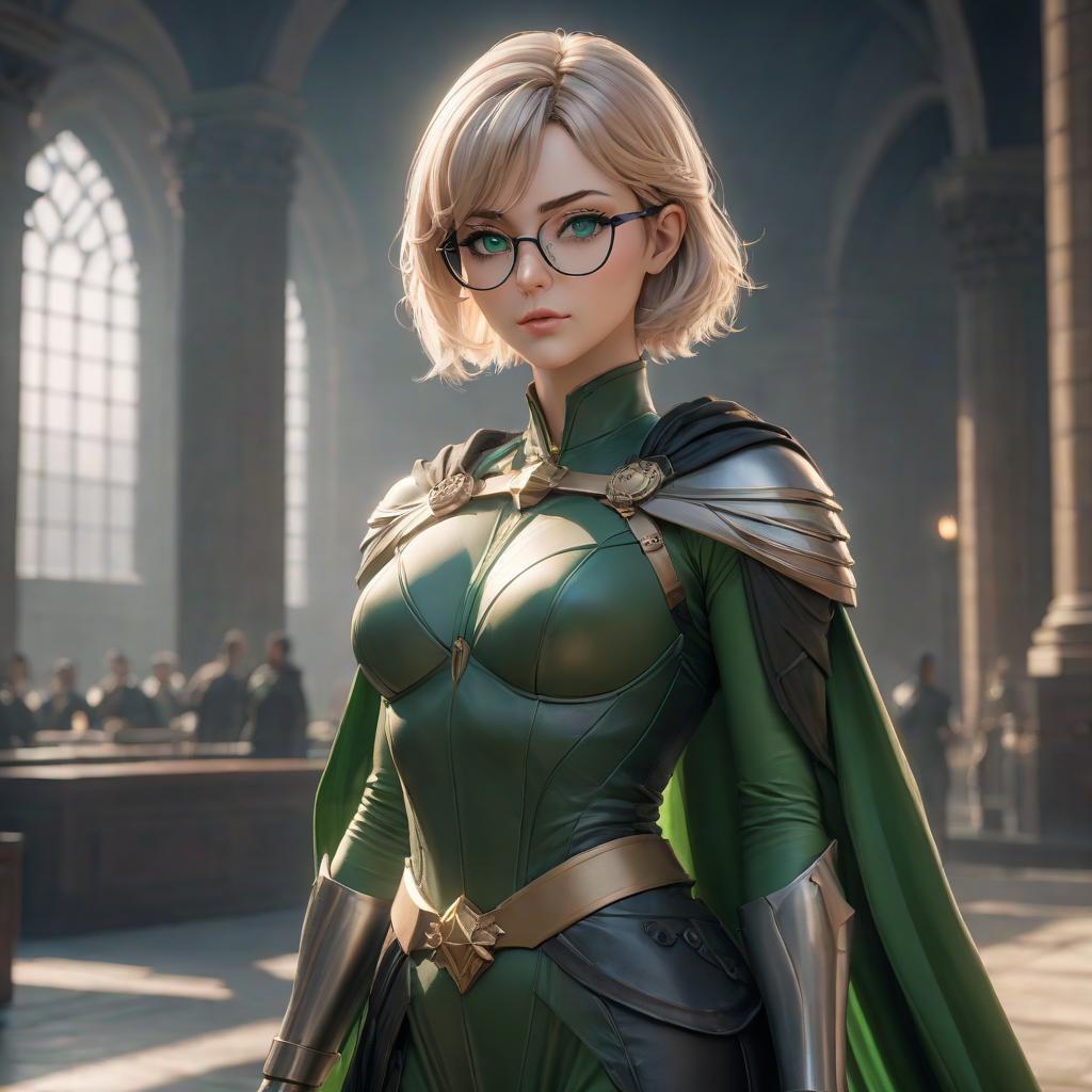  The goddess of justice and order and rigor. Strict tall woman. Short light hair, green eyes, glasses. hyperrealistic, full body, detailed clothing, highly detailed, cinematic lighting, stunningly beautiful, intricate, sharp focus, f/1. 8, 85mm, (centered image composition), (professionally color graded), ((bright soft diffused light)), volumetric fog, trending on instagram, trending on tumblr, HDR 4K, 8K