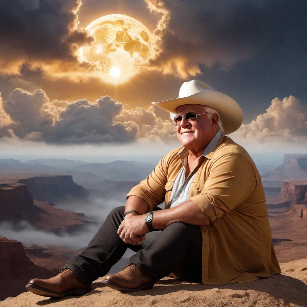  Dusty Rhodes in heaven, looking down with a serene and fatherly expression. He is surrounded by soft, golden clouds and a bright, gentle light, symbolizing peace and warmth. Dusty wears his iconic cowboy hat and casual attire, with a subtle celestial glow around him. Below, an ethereal view of earth is visible, suggesting he is watching over his loved ones. The overall scene should evoke a sense of tranquility, love, and guardian-like presence. hyperrealistic, full body, detailed clothing, highly detailed, cinematic lighting, stunningly beautiful, intricate, sharp focus, f/1. 8, 85mm, (centered image composition), (professionally color graded), ((bright soft diffused light)), volumetric fog, trending on instagram, trending on tumblr, HDR 4K, 8K