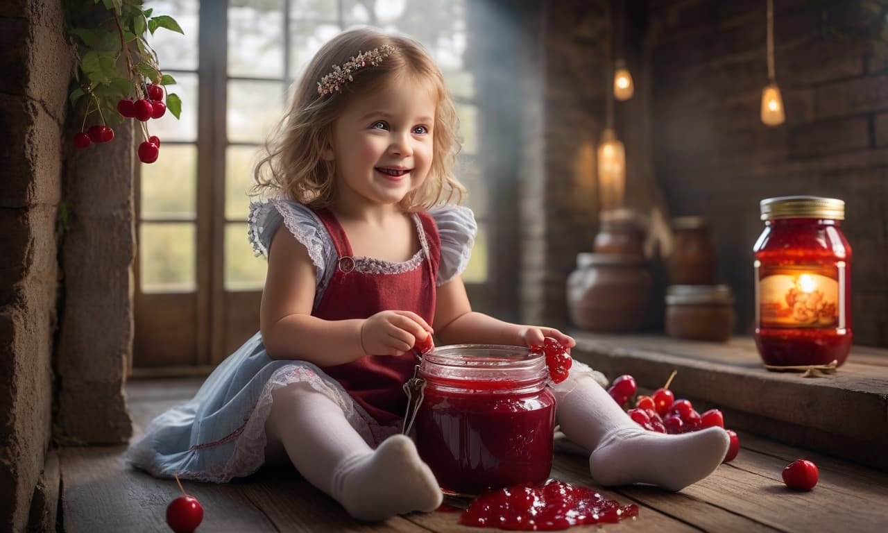  A cheerful Little girl sits and hugs a large jar of jam with her legs and eats cherry jam with her hand, lives on the roof, her face is stained with jam, in the style of a fairy tale hyperrealistic, full body, detailed clothing, highly detailed, cinematic lighting, stunningly beautiful, intricate, sharp focus, f/1. 8, 85mm, (centered image composition), (professionally color graded), ((bright soft diffused light)), volumetric fog, trending on instagram, trending on tumblr, HDR 4K, 8K