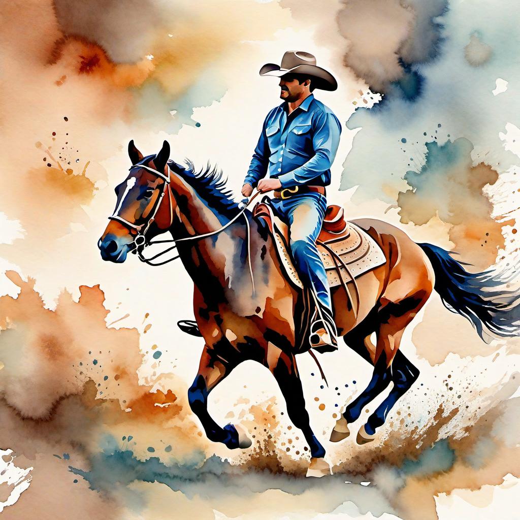  Create a watercolor painting of a man ridding a bucking horse at a rodeo. The background features soft, watercolor style splashes in earthy tones, giving the image an artistic and dreamy feel. Ensure the overall image has a delicate watercolor effect.