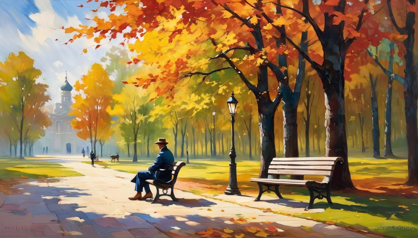  oil paintingan attractive woman sitting alone on a park bench, her expression weary, a handsome man walks by with a disinterested look, autumn leaves falling, isolated and heavy hearted.(energetic brushwork, bold vibrant colors, expressive, emotional,bold brush, oil stroke, raw, emotional, dynamic, distortion for emotional effect, detailed,beautiful, loose brushwork, light and shadow play, captures feeling over form, balanced color