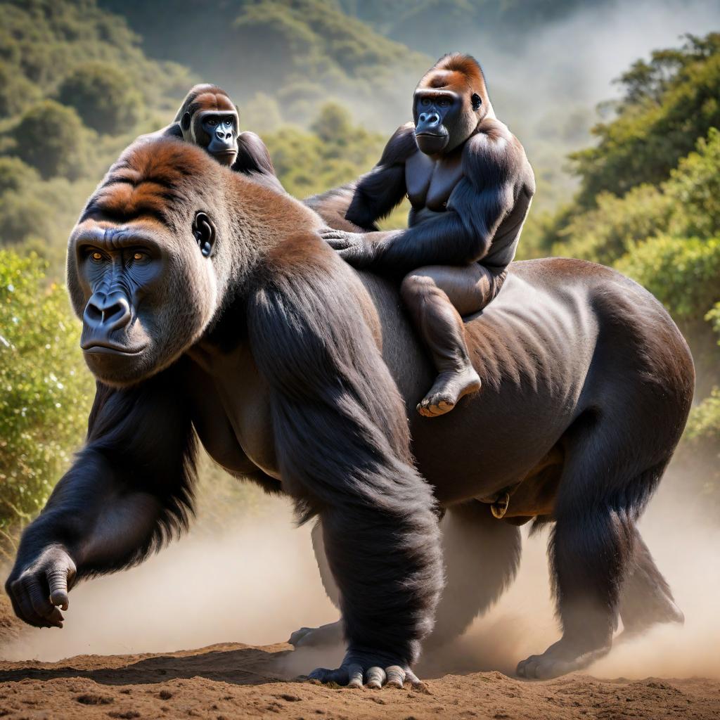  A gorilla riding a bull with large horns. The gorilla is gripping onto the bull's back tightly as they ride together. The scene is dynamic and energetic, set in a natural, wild landscape. hyperrealistic, full body, detailed clothing, highly detailed, cinematic lighting, stunningly beautiful, intricate, sharp focus, f/1. 8, 85mm, (centered image composition), (professionally color graded), ((bright soft diffused light)), volumetric fog, trending on instagram, trending on tumblr, HDR 4K, 8K