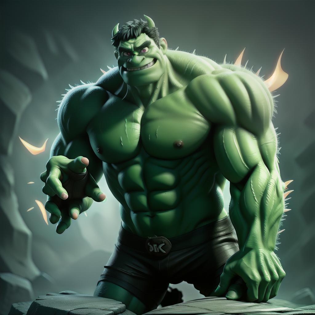  Realistic demon hulk hyperrealistic, full body, detailed clothing, highly detailed, cinematic lighting, stunningly beautiful, intricate, sharp focus, f/1. 8, 85mm, (centered image composition), (professionally color graded), ((bright soft diffused light)), volumetric fog, trending on instagram, trending on tumblr, HDR 4K, 8K