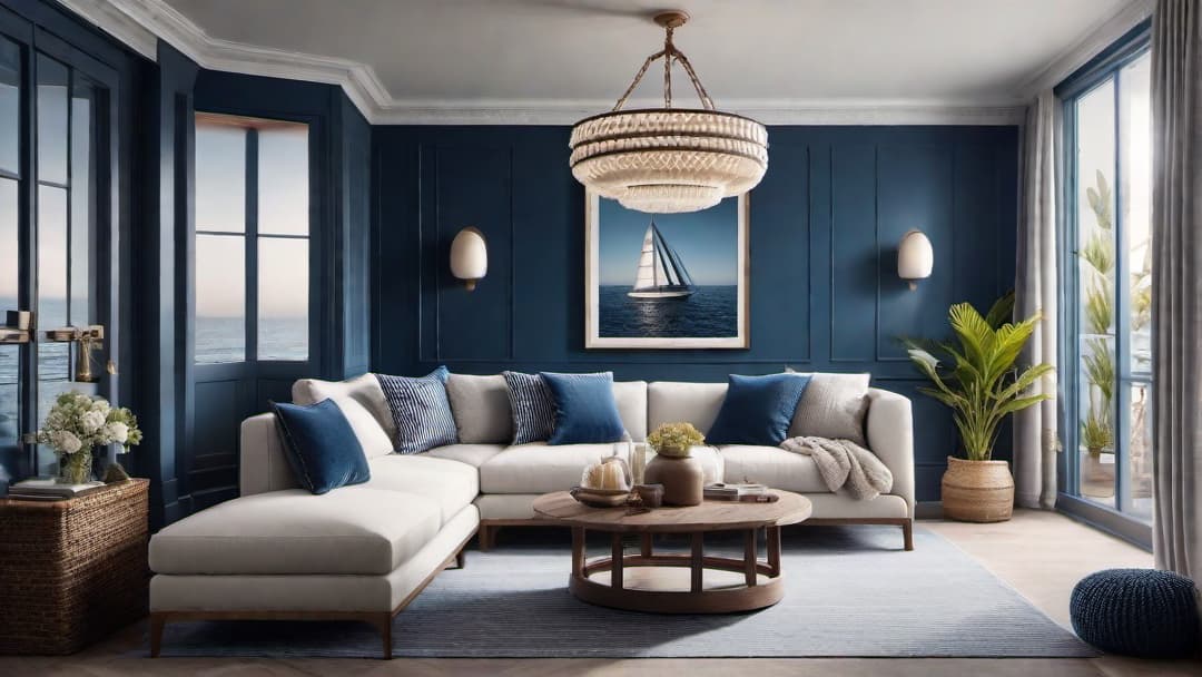  Generate an image of a cozy living room in a retro nautical theme, featuring vintage coastal decor such as anchors, sailor ropes, and model ships. The color palette should include shades of blue, white, and red, reminiscent of classic seaside cottages. Emphasize the use of weathered wood furniture and maritime inspired patterns like stripes and sailboat motifs. additional guidelines  hyperrealistic, full body, detailed clothing, highly detailed, cinematic lighting, stunningly beautiful, intricate, sharp focus, f/1. 8, 85mm, (centered image composition), (professionally color graded), ((bright soft diffused light)), volumetric fog, trending on instagram, trending on tumblr, HDR 4K, 8K