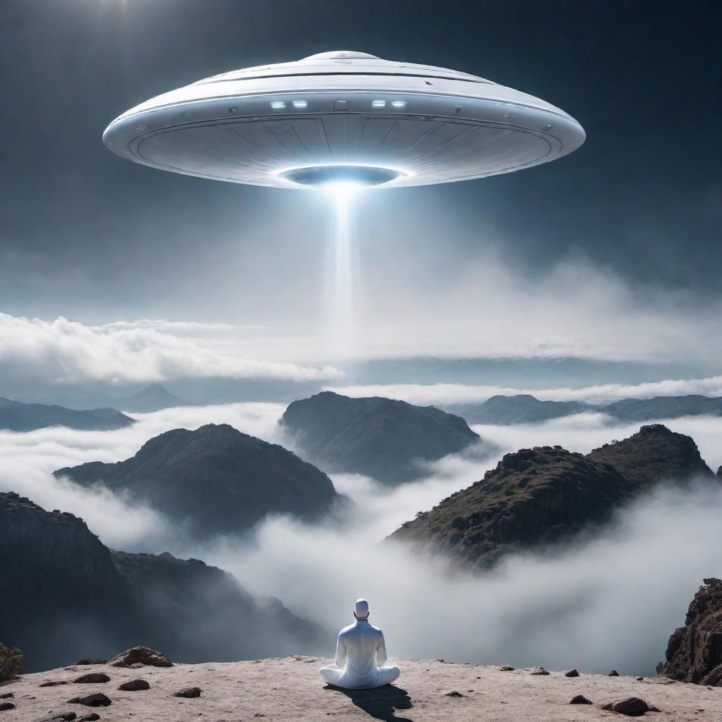  An epic image of a UFO hovering over a man dressed in all white meditating. hyperrealistic, full body, detailed clothing, highly detailed, cinematic lighting, stunningly beautiful, intricate, sharp focus, f/1. 8, 85mm, (centered image composition), (professionally color graded), ((bright soft diffused light)), volumetric fog, trending on instagram, trending on tumblr, HDR 4K, 8K