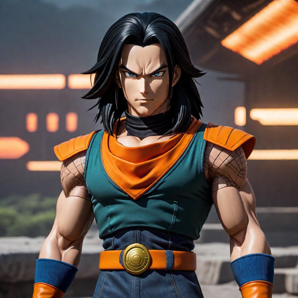  A detailed image of Android 17 from Dragon Ball Z. He should be in his iconic outfit with the black shirt, blue jeans, green socks, and orange scarf. He should have a confident and determined look on his face. The background can be a dynamic, futuristic landscape or a battleground scene from the series. hyperrealistic, full body, detailed clothing, highly detailed, cinematic lighting, stunningly beautiful, intricate, sharp focus, f/1. 8, 85mm, (centered image composition), (professionally color graded), ((bright soft diffused light)), volumetric fog, trending on instagram, trending on tumblr, HDR 4K, 8K