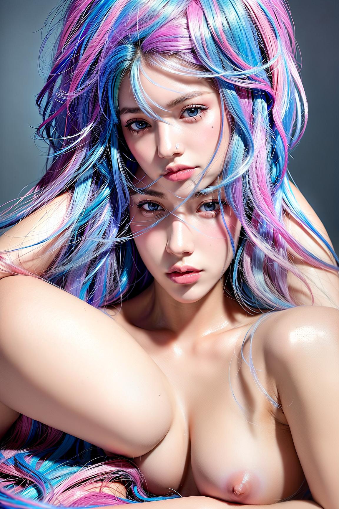  Pink and blue hair color, (Masterpiece, BestQuality:1.3), (ultra detailed:1.2), (hyperrealistic:1.3), (RAW photo:1.2),High detail RAW color photo, professional photograph, (Photorealistic:1.4), (realistic:1.4), ,professional lighting, (japanese), beautiful face, (realistic face)