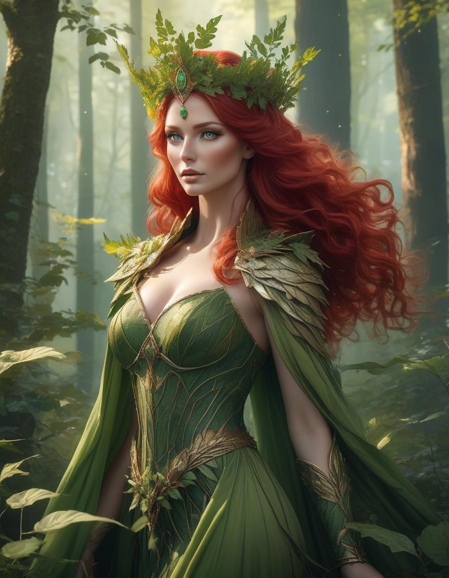  A woman with vibrant red hair and a crown of green leaves set against a soft, forest like backdrop. there is a woman with red hair and green eyes surrounded by leaves, goddess of autumn, beautiful autumn spirit, beautiful digital artwork, fantasy portrait art, hyperrealistic fantasy art, fantasy portrait, fantasy art portrait, detailed fantasy digital art, beautiful fantasy art portrait, detailed matte fantasy portrait, gorgeous digital art, beautiful digital art, portrait of a dryad, beautiful fantasy portrait hyperrealistic, full body, detailed clothing, highly detailed, cinematic lighting, stunningly beautiful, intricate, sharp focus, f/1. 8, 85mm, (centered image composition), (professionally color graded), ((bright soft diffused light)), volumetric fog, trending on instagram, trending on tumblr, HDR 4K, 8K