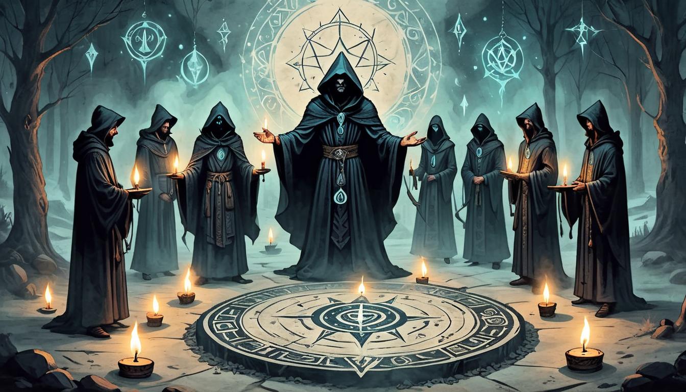  on parchment, surrealism+++, Mystic ritual circle with glowing crystals and candles, hooded figures chanting, ancient symbols on the ground, arcane, powerful(mysterious, provocative, symbolic,muted color)+++