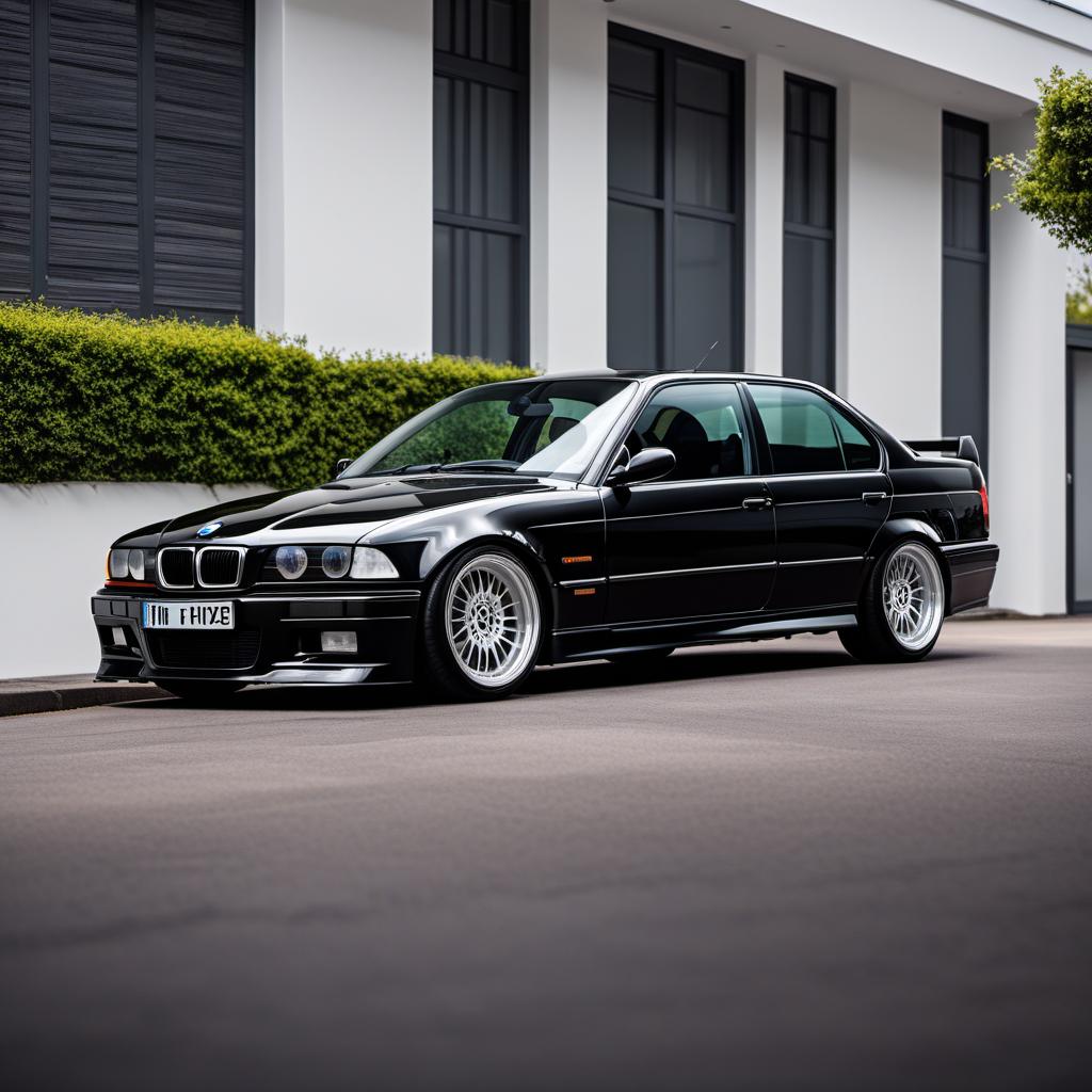  1995 BMW E36 M3 Saloon in black, showcasing its sleek design and sporty aesthetics, with detailed headlights, signature kidney grille, and sporty alloy wheels. The car should be on a clean street background with good lighting to highlight its features. hyperrealistic, full body, detailed clothing, highly detailed, cinematic lighting, stunningly beautiful, intricate, sharp focus, f/1. 8, 85mm, (centered image composition), (professionally color graded), ((bright soft diffused light)), volumetric fog, trending on instagram, trending on tumblr, HDR 4K, 8K