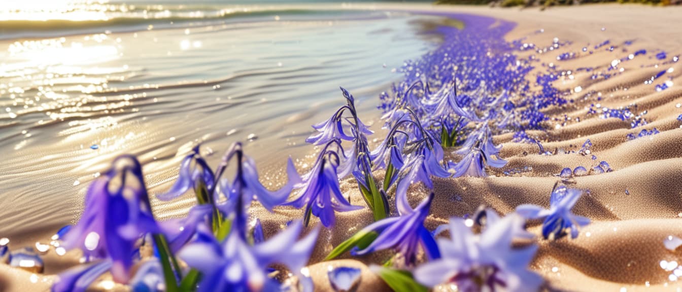  best quality, HD, Beach summer panoramic background with Bluebell flower on the cristal sand and glory water